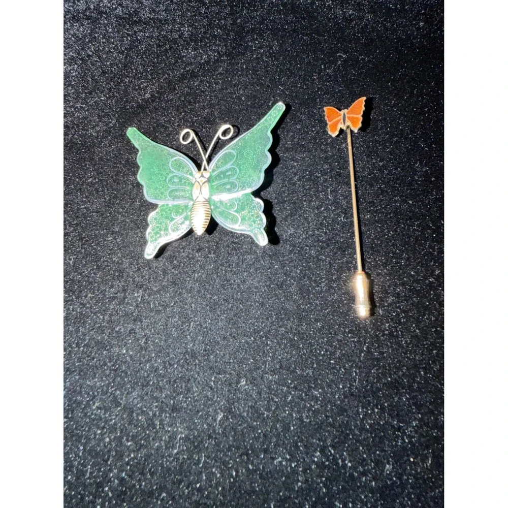 Vintage Butterfly Brooch and Stick Pin Set Green Enamel‎ Orange Butterfly Lot